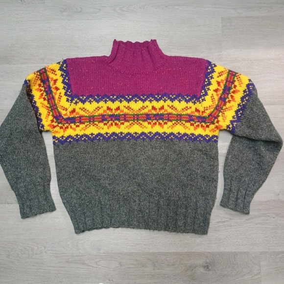 Y2K Express Tricot 100% Wool Pink Turtle Neck Fair Isle Snowflake Sweater Large - Picture 1 of 6